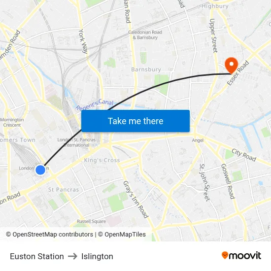Euston Station to Islington map