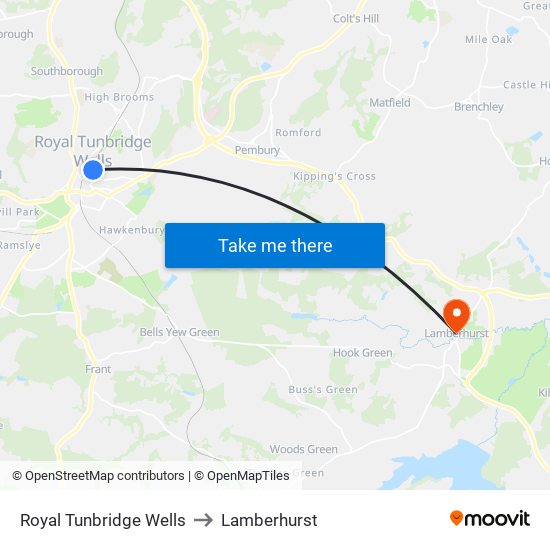 Royal Tunbridge Wells to Lamberhurst map