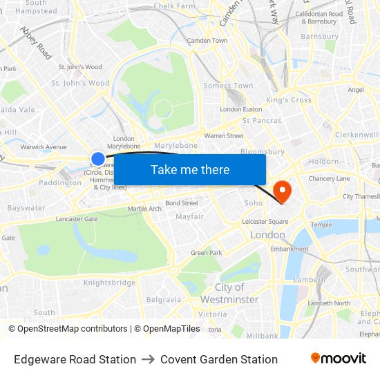 Paddington, Edgeware Road Station to Covent Garden Station map