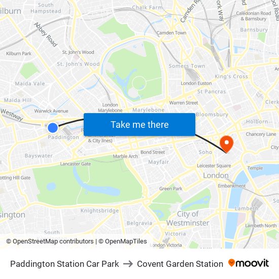 Paddington Station Car Park to Covent Garden Station map