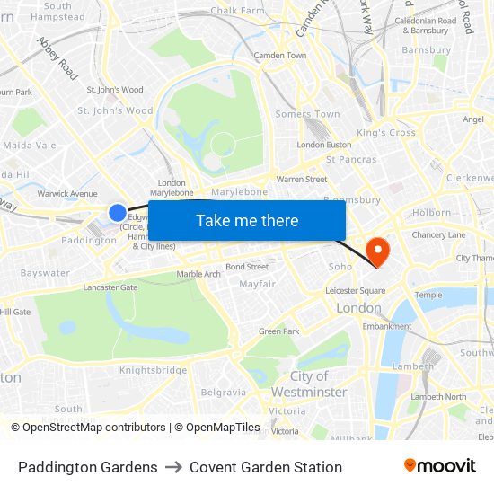 Paddington Exchange to Covent Garden Station map