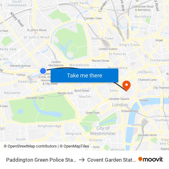 Paddington Green Police Station to Covent Garden Station map