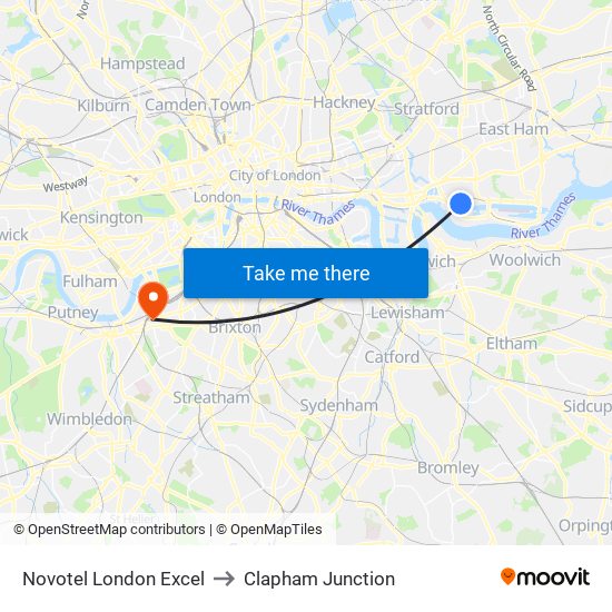 Novotel London Excel to Clapham Junction map