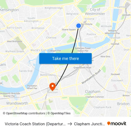 Victoria Coach Station (Departures) to Clapham Junction map
