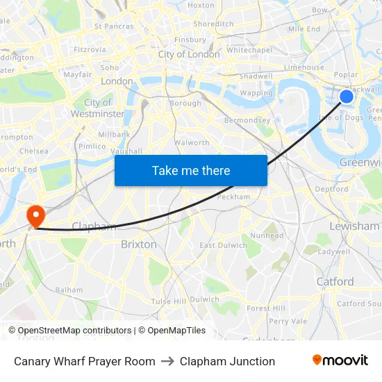 Canary Wharf Prayer Room to Clapham Junction map