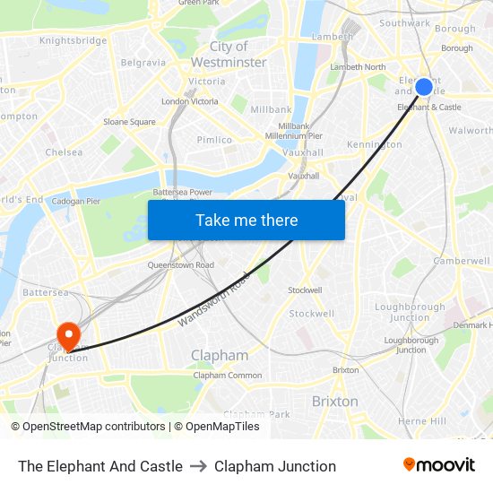 The Elephant And Castle to Clapham Junction map