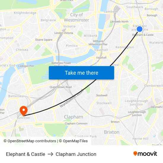 Elephant & Castle to Clapham Junction map