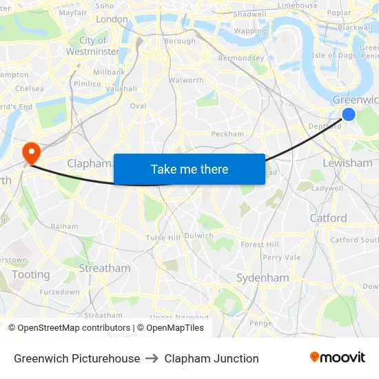 Greenwich Picturehouse to Clapham Junction map