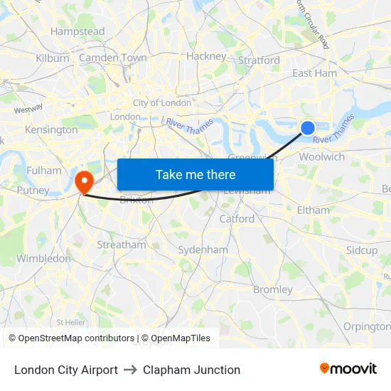 London City Airport to Clapham Junction map