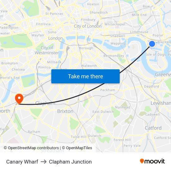 Canary Wharf to Clapham Junction map