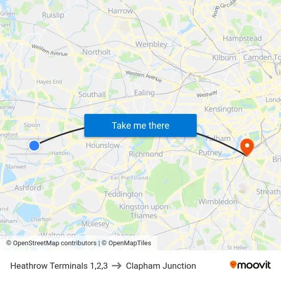 Heathrow Terminals 1,2,3 to Clapham Junction map