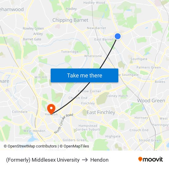 (Formerly) Middlesex University to Hendon map