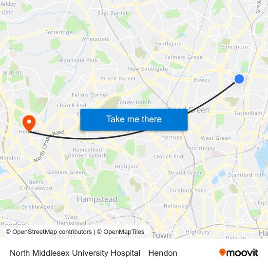 North Middlesex University Hospital to Hendon map