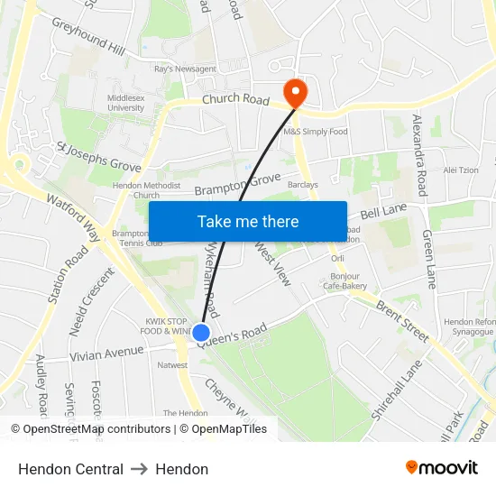 Hendon Central to Hendon map