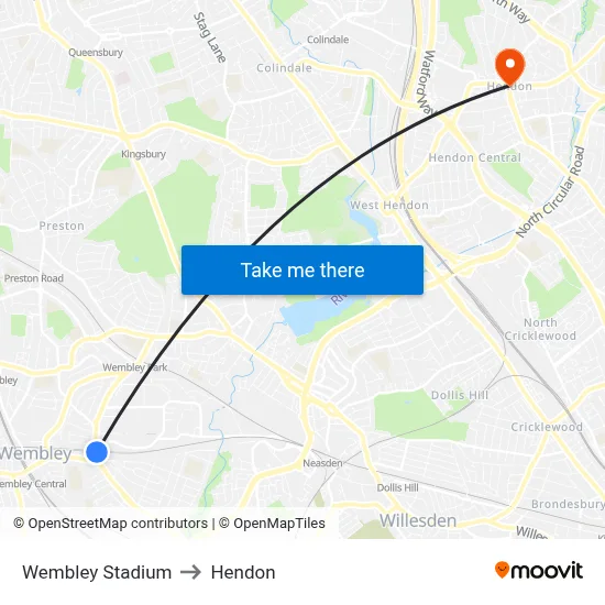 Wembley Stadium to Hendon map