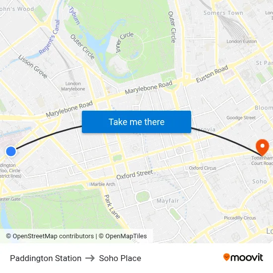 Paddington Station to Soho Place map