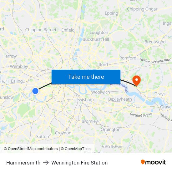Hammersmith to Wennington Fire Station map