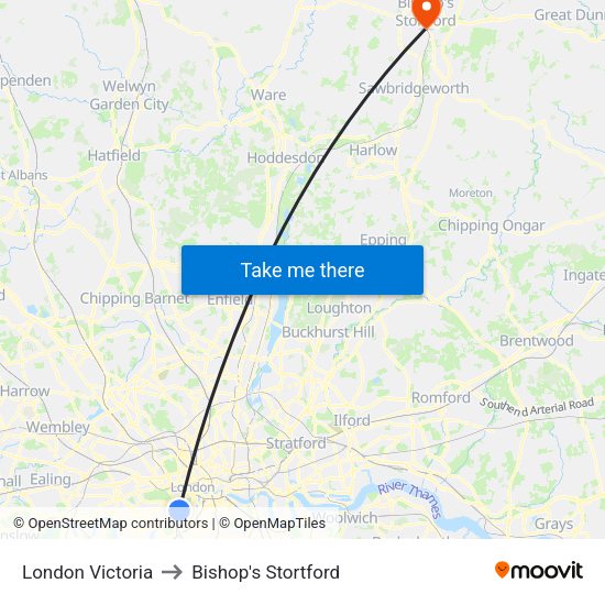 London Victoria to Bishop's Stortford map