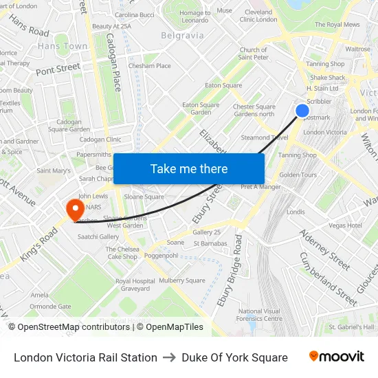 London Victoria Rail Station to Duke Of York Square map