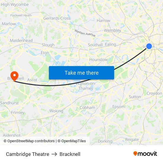 Cambridge Theatre to Bracknell map