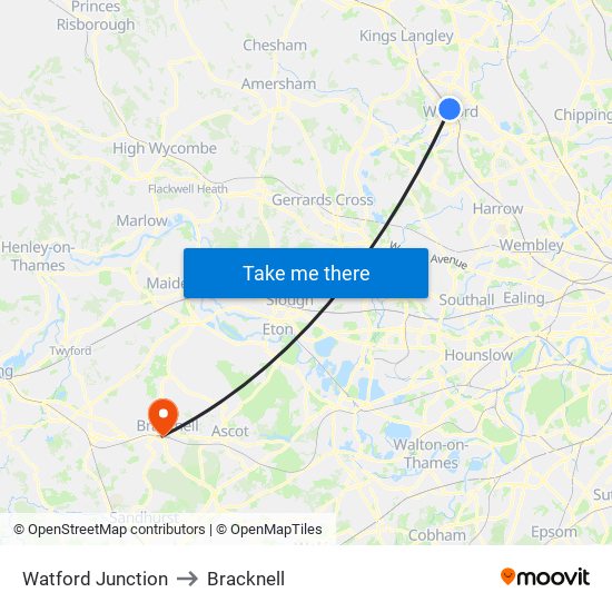 Watford Junction to Bracknell map