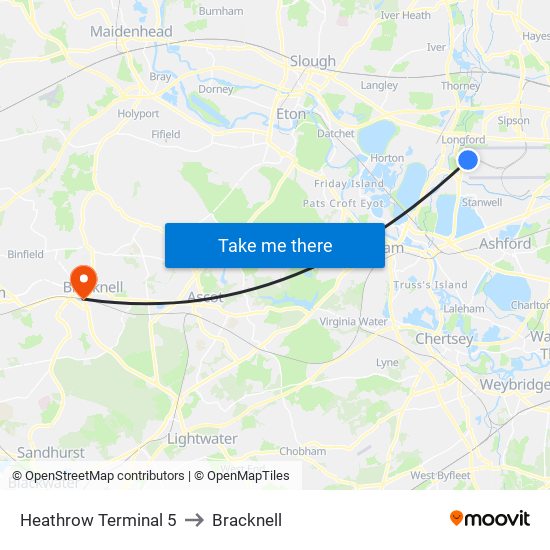 Heathrow Terminal 5 to Bracknell map