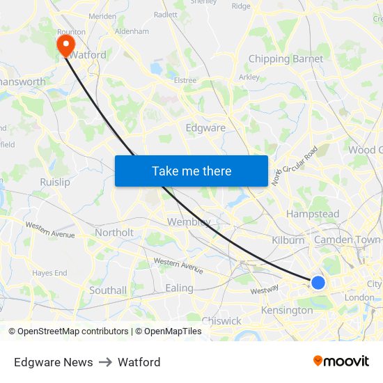 Edgware News to Watford map