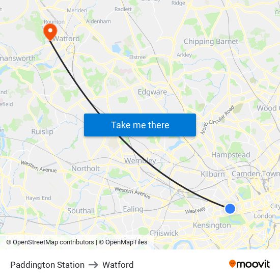 Paddington Station to Watford map