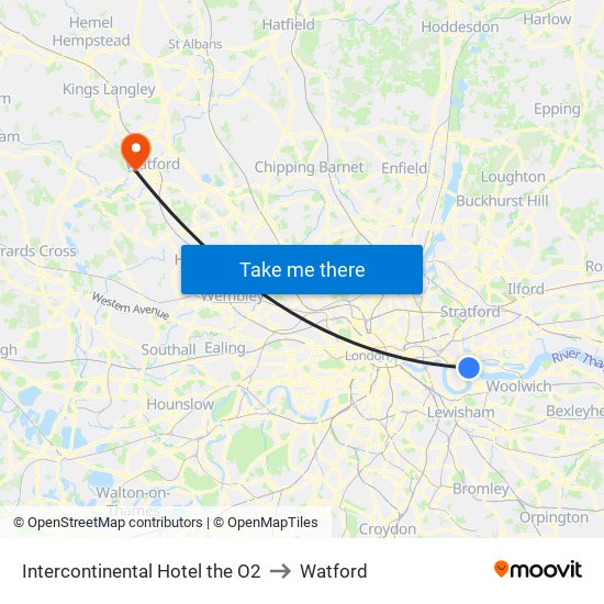 Intercontinental Hotel the O2 to Watford map