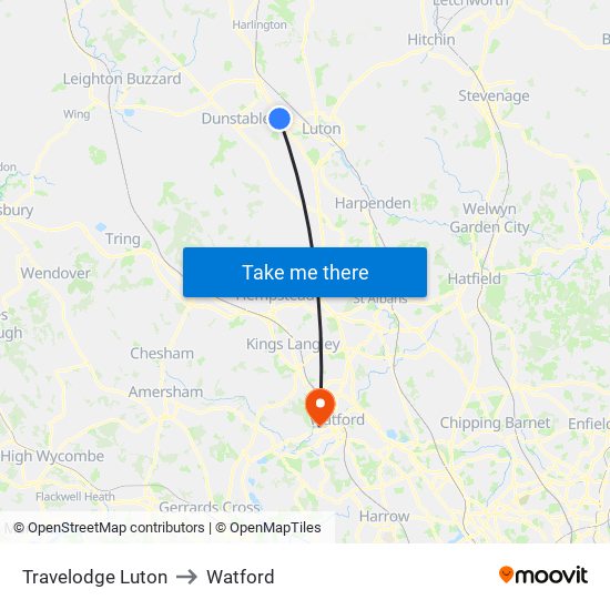 Travelodge Luton to Watford map