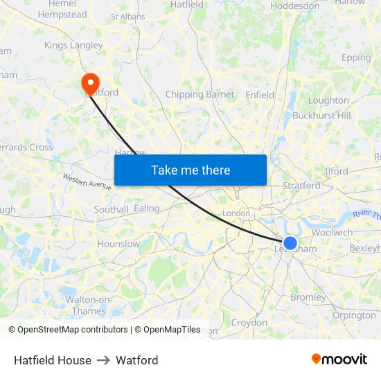 Hatfield House to Watford map