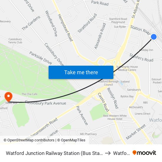 Watford Junction Railway Station (Bus Station) to Watford map