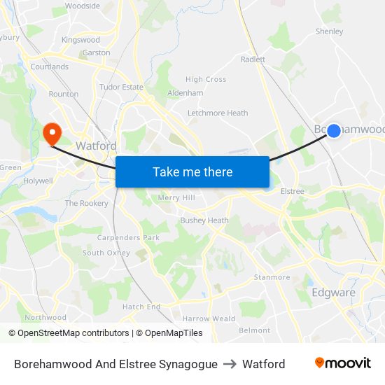 Borehamwood And Elstree Synagogue to Watford map