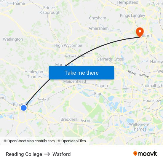 Reading College to Watford map