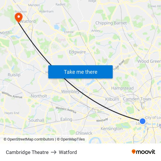 Cambridge Theatre to Watford map