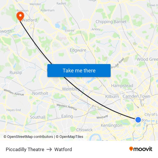 Piccadilly Theatre to Watford map