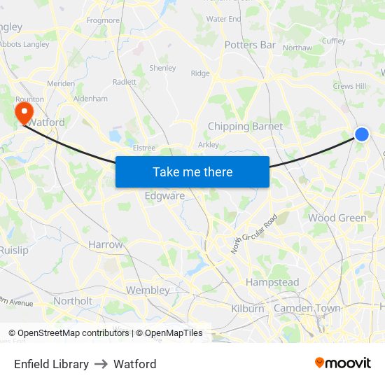 Enfield Library to Watford map
