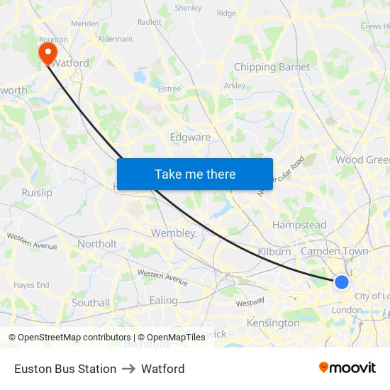 Euston Bus Station to Watford map