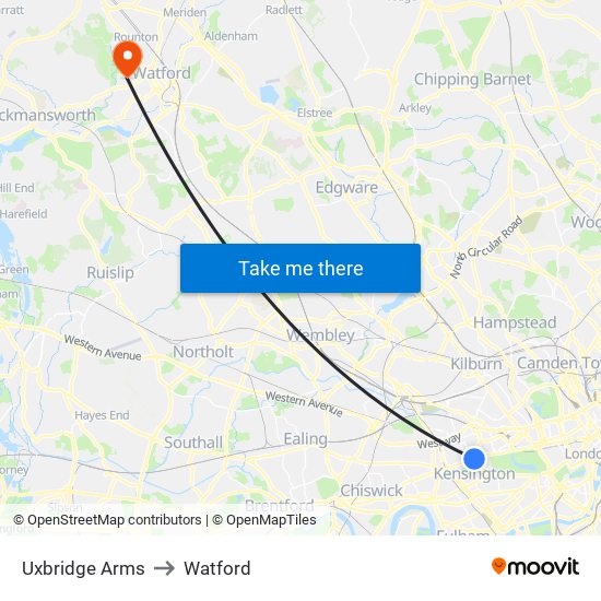 Uxbridge Arms to Watford map