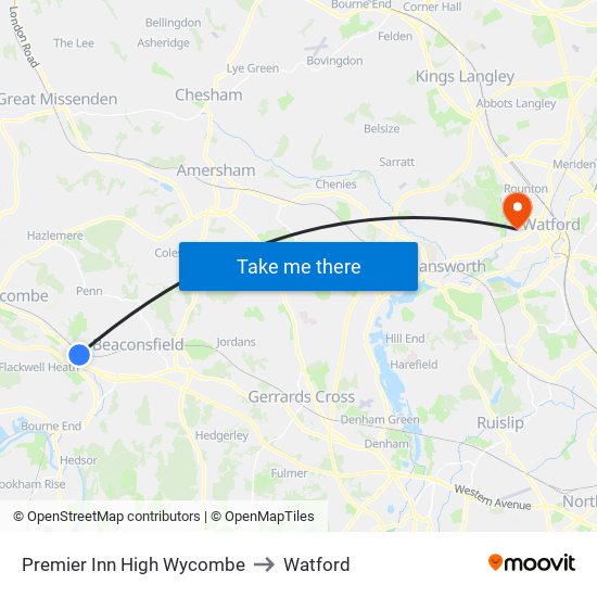 Premier Inn High Wycombe to Watford map