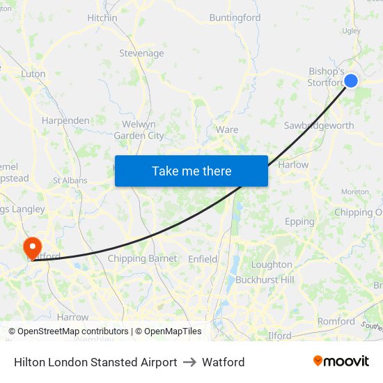 Hilton London Stansted Airport to Watford map