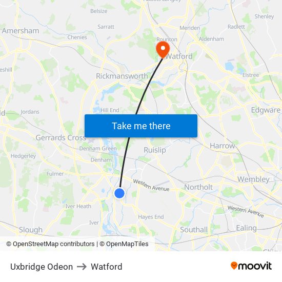 Uxbridge Odeon to Watford map