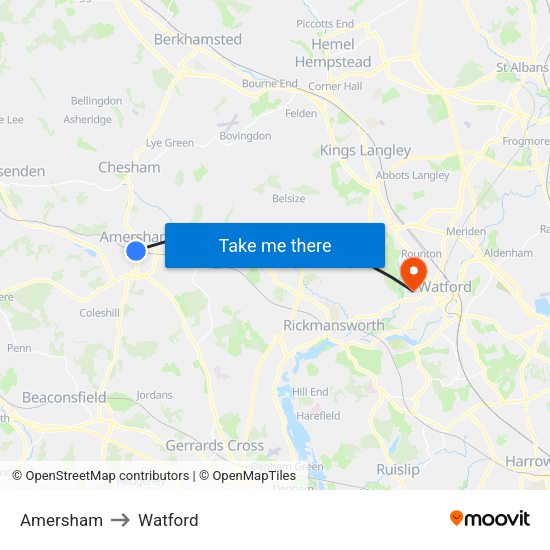 Amersham to Watford map