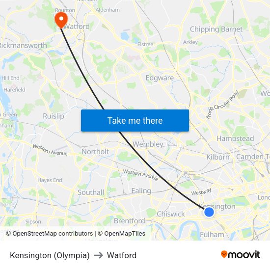 Kensington (Olympia) to Watford map