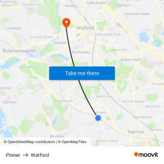 Pinner to Watford map