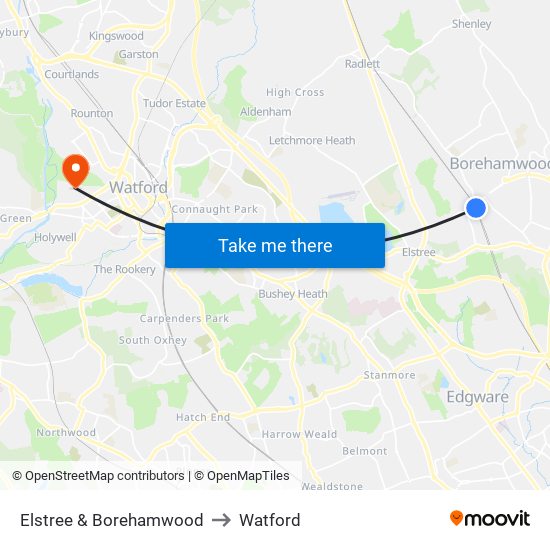 Elstree & Borehamwood to Watford map