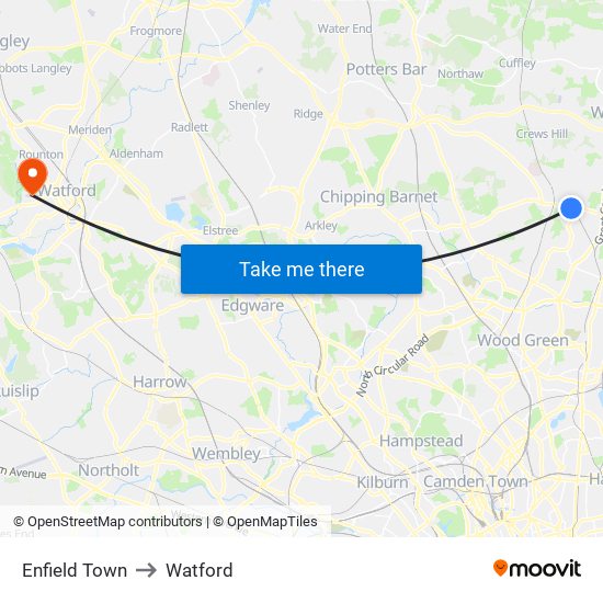 Enfield Town to Watford map