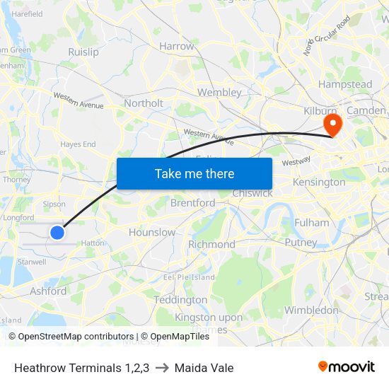 Heathrow Terminals 1,2,3 to Maida Vale map
