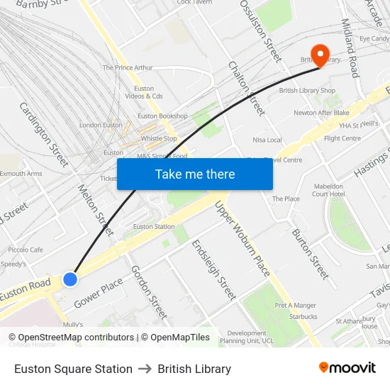 Euston Square Station to British Library map