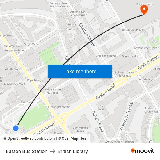 Euston Bus Station to British Library map